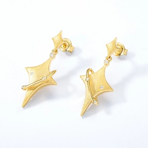 Elegant 925 sterling silver brushed star earrings with golden planetary rings