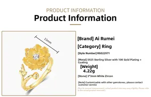 Macro detail of S925 silver peony ring with 10K gold plating and 3mm white zircon