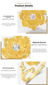 Detail showing brushed gold texture and white gemstone on peony flower ring