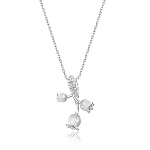 Collier Pendentif Muguet en Argent Sterling 925 pour Femmes Finition Brossée avec Zirconia Incrusté Bijoux Floraux Cadeau