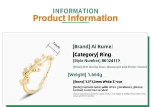 Detail of S925 sterling silver champagne gold leaf ring with cubic zirconia stones
