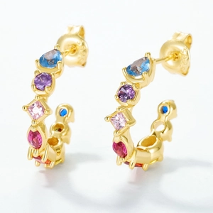 Vintage gold plated S925 silver C-shape earrings with colorful cubic zirconia stones