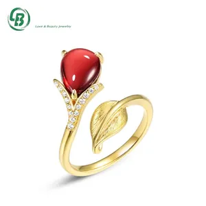Anello Aperto con Foglia in Granato Naturale Argento Sterling S925 Spazzolato Anello Vintage Regolabile in Oro per Donna
