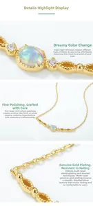 Detail of oval opal pendant with side zircons and polished gold-plated silver chain