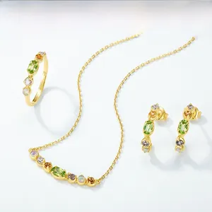 Detailed set of S925 silver gold-plated earrings, ring and necklace with colorful gems