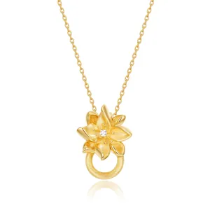 Collier Pendentif Fleur en Argent Sterling 925 Plaqué Or Vintage pour Femmes Bijoux Floraux en Zirconia Élégant