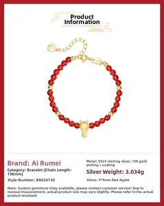 Detail of red agate bead bracelet with S925 silver horse charm and size specifications
