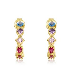 Vintage 925 Sterling Silver Gold Plated Rainbow Zirconia Jewelry For Women Multicolor Geometric Earrings Necklace Ring