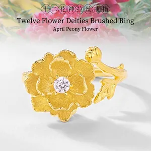 S925 Sterling Silver Gold Plated Peony Flower Brushed Open Adjustable Ring With Zirconia Vintage Floral Jewelry For Women