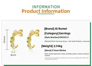 Detailed view of C-shaped S925 silver earring with green peridot and white zircon