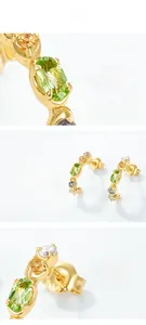 Detailed macro view of S925 sterling silver earrings with green peridot and gold plating