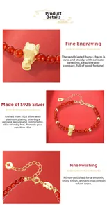 Detail of red agate bead bracelet with S925 silver horse charm and lobster clasp closure