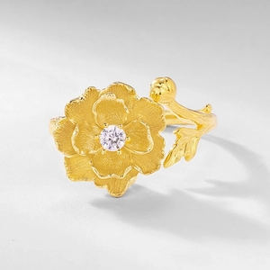 Peony flower ring in S925 sterling silver with gold finish and centered zircon gem