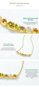Close-up of S925 silver gold-plated necklace with natural peridot and opal gemstones