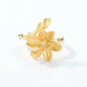 Vintage S925 silver lotus flower ring with golden brushed finish and zircon detail