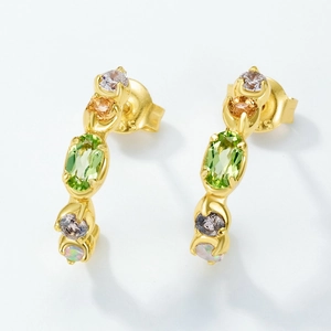S925 silver 18K gold C-hoop earrings with colorful gemstones and peridot focal point