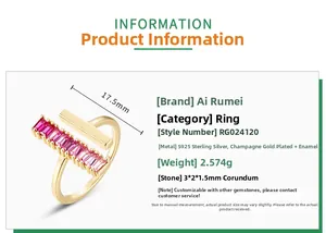 Detail of S925 sterling silver gold ring featuring pink corundum gems and product specs