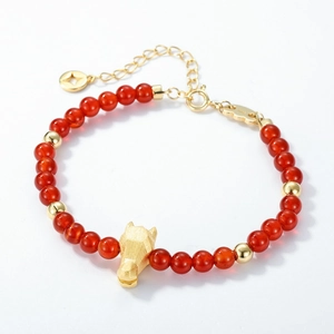 Handmade S925 silver zodiac horse bracelet with red agate beads and adjustable gold chain