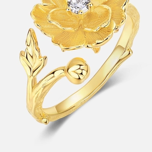 Elegant gold-plated S925 silver peony flower ring with branch texture and white gemstone