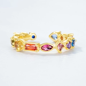 Minimalist S925 silver adjustable open ring with multi-colored gemstones in gold finish