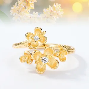 Handmade Brushed 925 Sterling Silver Osmanthus Flower Open Ring For Women Elegant Gold Plated Zirconia Adjustable Finger Ring