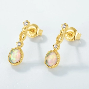 Elegant S925 sterling silver gold earrings featuring oval opal stones and zircon accents