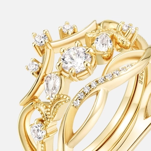 Elegant S925 sterling silver gold plated crystal crown ring set with stacked bands