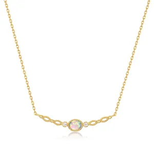 Vintage 925 Sterling Silver Gold Plated Oval Synthetic Opal Pendant Necklace For Women Elegant Rhinestone Fashion Jewelry Gift