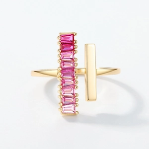 Minimalist S925 sterling silver ring with gradient pink stones and polished gold bar