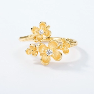 Vintage S925 silver flower ring with gold plating and delicate branch texture