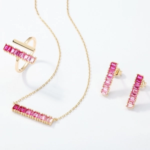 Elegant S925 silver jewelry set with gradient pink stones and 18K gold plated finish