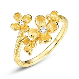 Handcrafted S925 silver osmanthus flower ring with gold finish and zircon insets