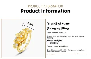 Detailed view of S925 silver jasmine flower ring with 10K gold plating and cubic zirconia