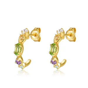 925 Sterling Silver Stud Earrings For Women Natural Peridot Artificial Opal Rhinestone C-Shape Hoop Earrings Jewelry Gift