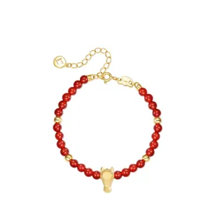 925 Sterling Silver Handmade Brushed Zodiac Horse Bracelet Natural Red Agate Beaded Bracelet Niche Design Jewelry Women