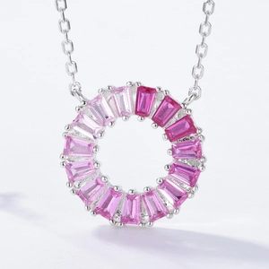 Pink gradient gemstone circle necklace in S925 sterling silver with rectangle cut crystals