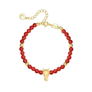 S925 sterling silver zodiac horse bracelet with red agate beads and matte gold pendant