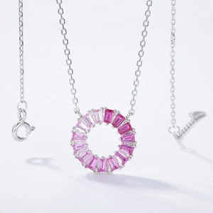 Minimalist S925 silver necklace with circular gradient pink gemstone hoop pendant