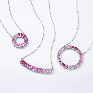Modern S925 silver necklaces with gradient pink baguette crystals in circular designs