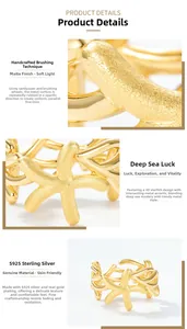 Detail view of gold starfish ring showing handmade brushed S925 sterling silver texture