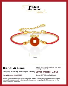 Detail view of S925 silver red agate horse charm bracelet with handwoven cord and 10K gold plating
