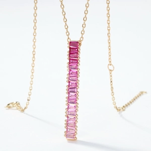 Minimalist S925 sterling silver gold necklace with vertical pink corundum bar pendant