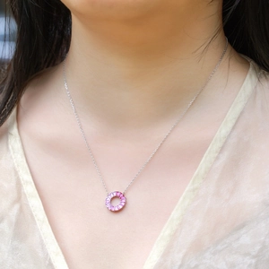 S925 silver necklace with circular pendant featuring gradient pink square gemstones