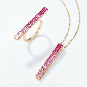 Minimalist S925 silver gold-plated bar necklace and ring set with pink gemstones