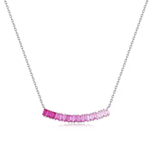S925 Sterling Zilveren Ketting Voor Dames Roze Korund Bar Hanger Ketting Gradiënt Edelsteen Sleutelbeen Ketting Luxe Sieraden