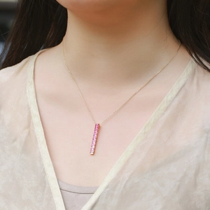 Minimalist S925 sterling silver gold necklace with vertical pink corundum pendant on model