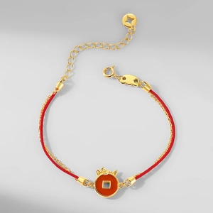 Chinese Zodiac S925 silver red string bracelet with carnelian coin pendant