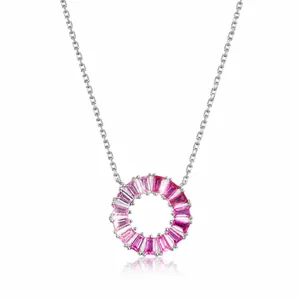 S925 Sterling Silver Pink Gradient Corundum Round Pendant Necklace For Women Minimalist Geometric Circle Choker Fine Jewelry Gift