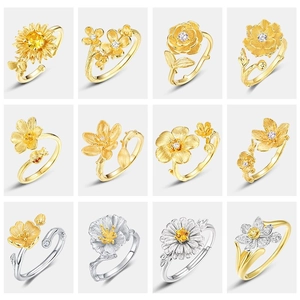 Original Design 925 Sterling Silver Adjustable Open Ring Hand Brushed Flower Zirconia Inlaid Botanical Jewelry For Women