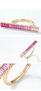 Macro detail of gold plated 925 silver ring featuring gradient baguette pink corundum